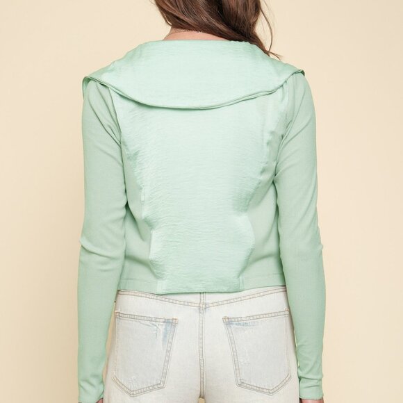 MYSTREE Mint Green Layered Zip Ruffle Top, Lightweight Long Sleeve Statement - Picture 5 of 7